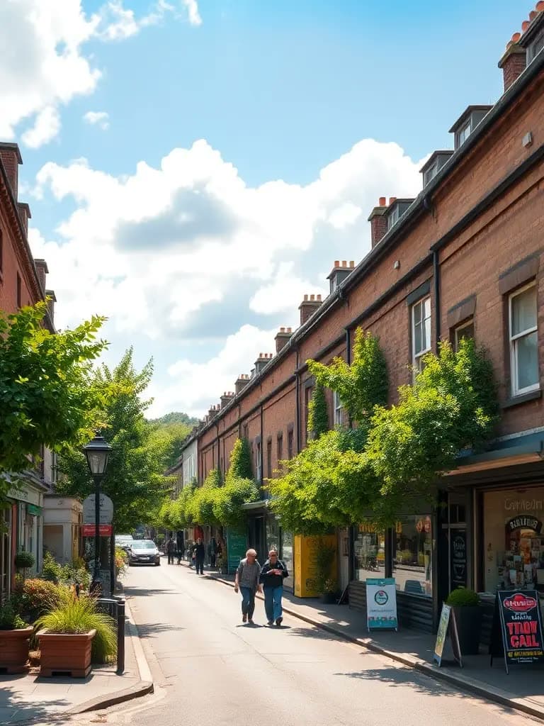 Tree-lined shopping street in Didsbury