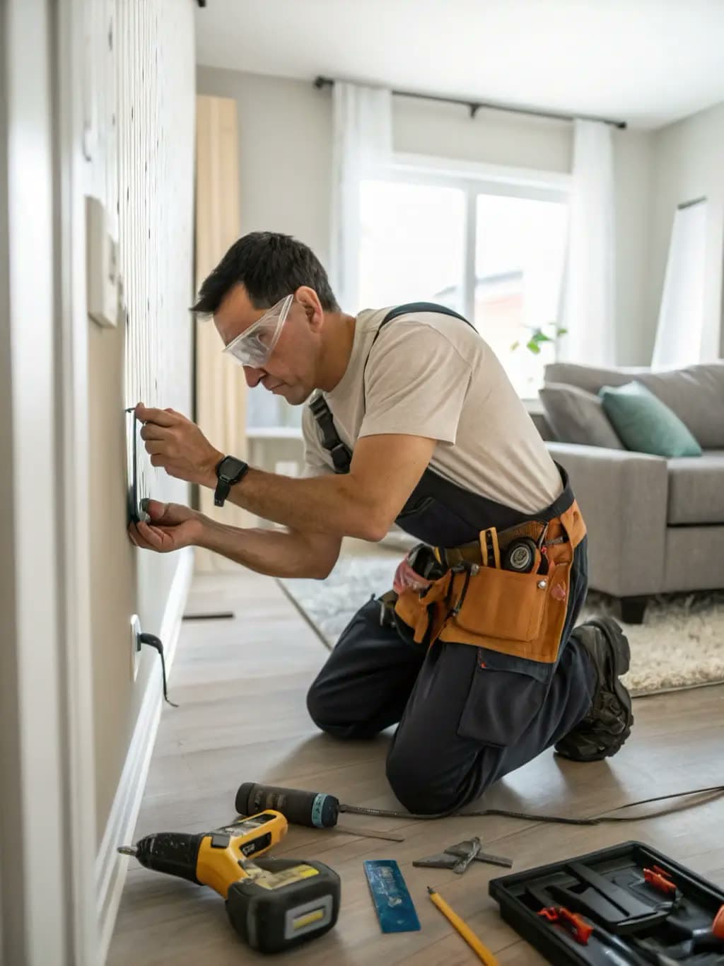 Handyman repairing and smoothing a damaged wall