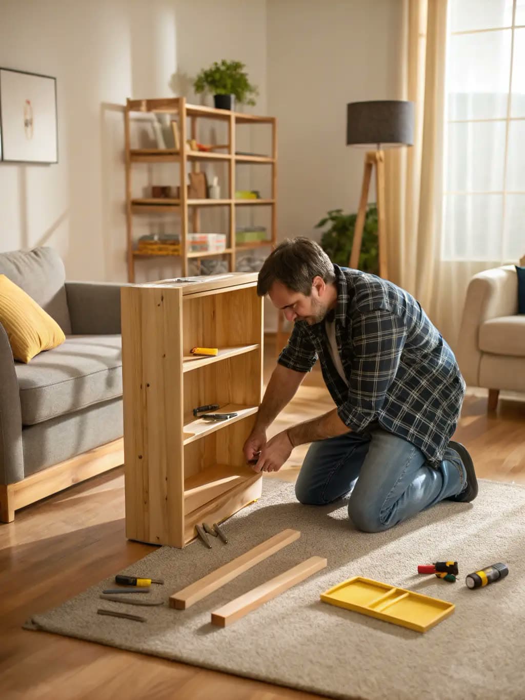 Handyman assembling a flat pack bookcase in a living room