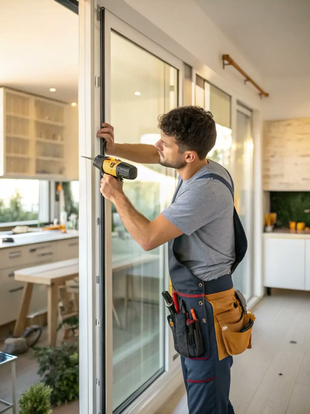 Handyman using a drill on a window frame