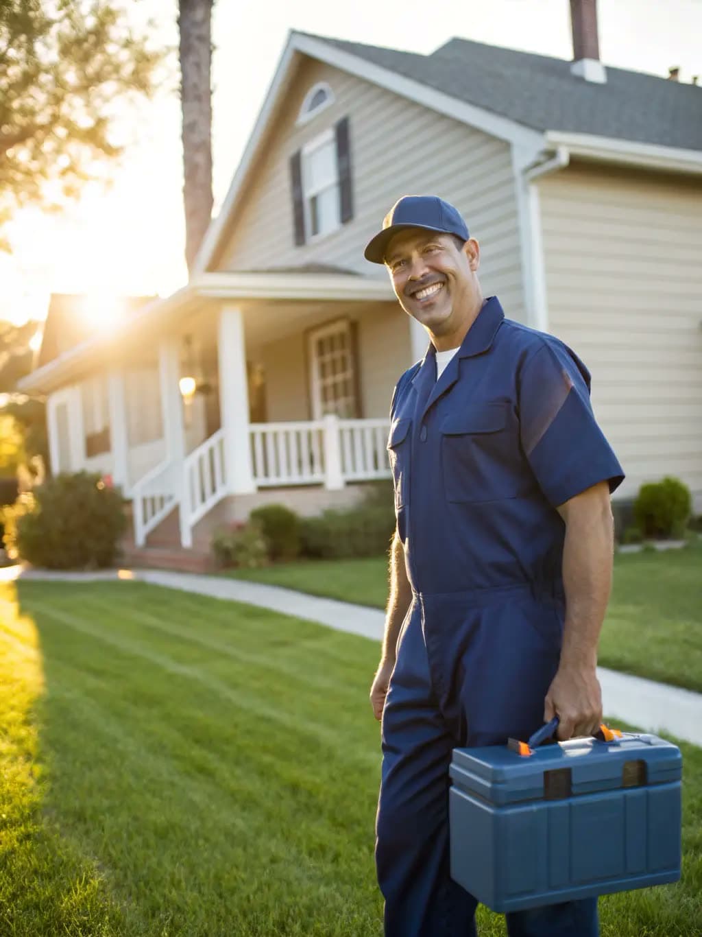 Handyman standing outside a house in work overalls