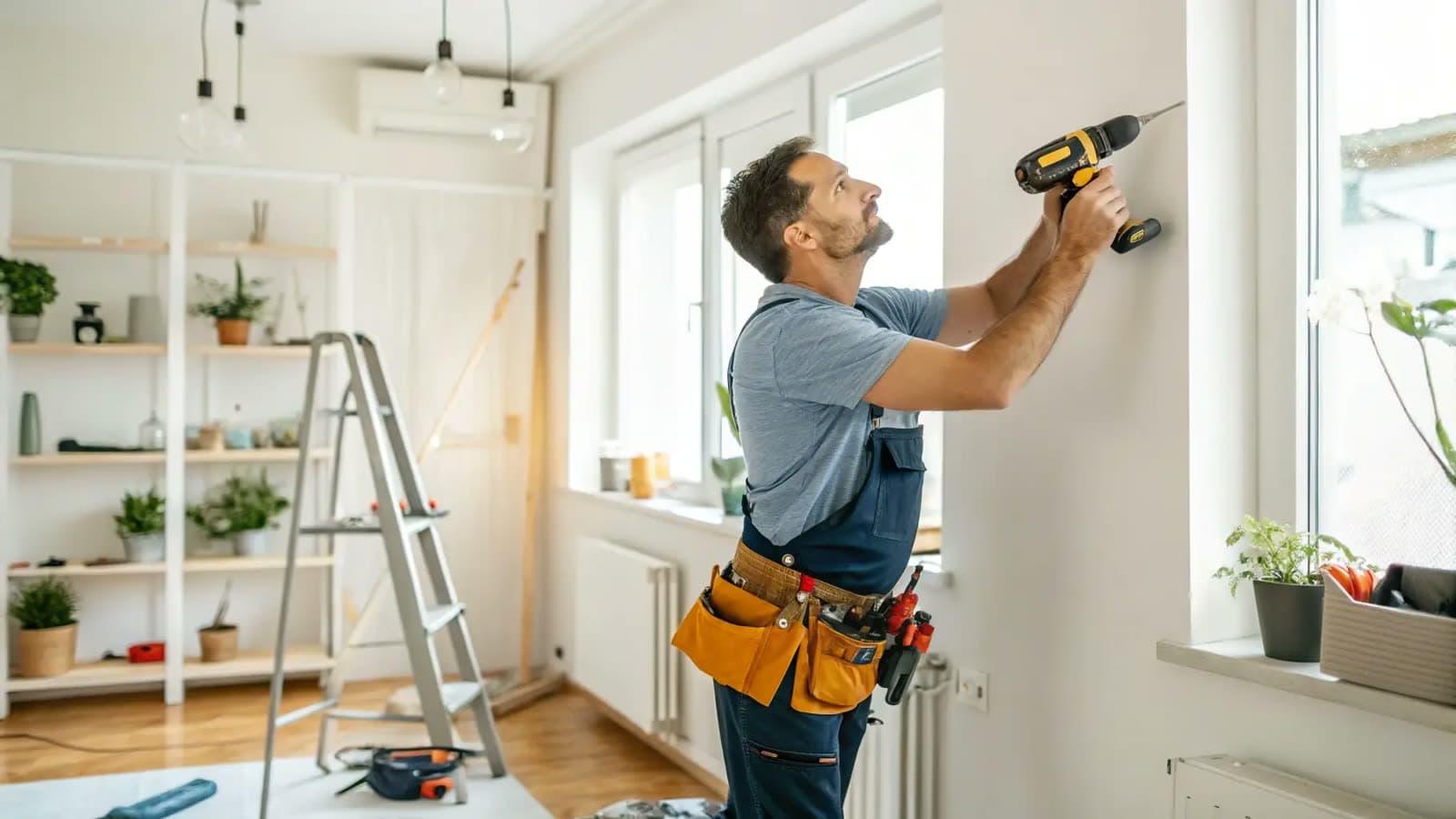 Handyman drilling into a wall to fit a bracket